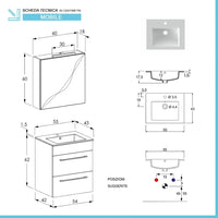 Mobile bagno sospeso 55 cm Smart olmo con lavabo e specchio contenitore