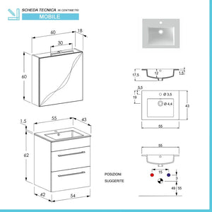 Mobile bagno sospeso 55 cm Smart olmo con lavabo e specchio contenitore