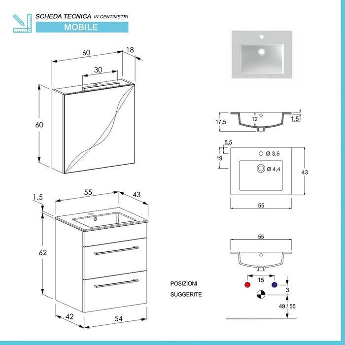 Mobile bagno sospeso 55 cm Smart olmo con lavabo e specchio contenitore