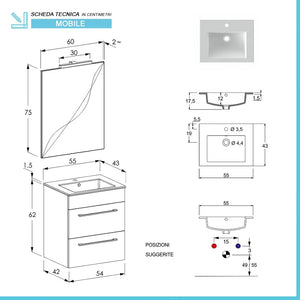Mobile bagno sospeso 55 cm Smart olmo/lava con lavabo e specchio