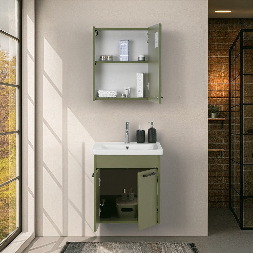 Mobile bagno sospeso 55 cm verde effetto legno con armadietto a specchio Sofia
