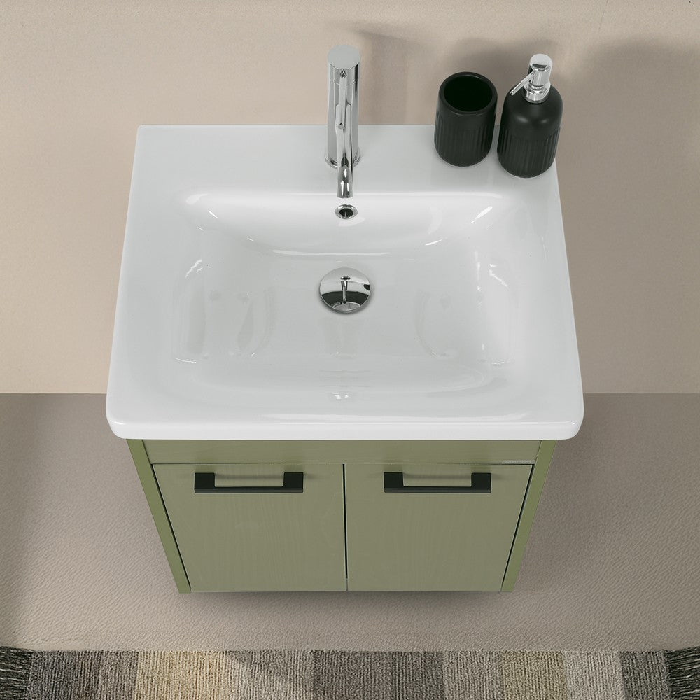 Mobile bagno sospeso 55 cm verde effetto legno con armadietto a specchio Sofia
