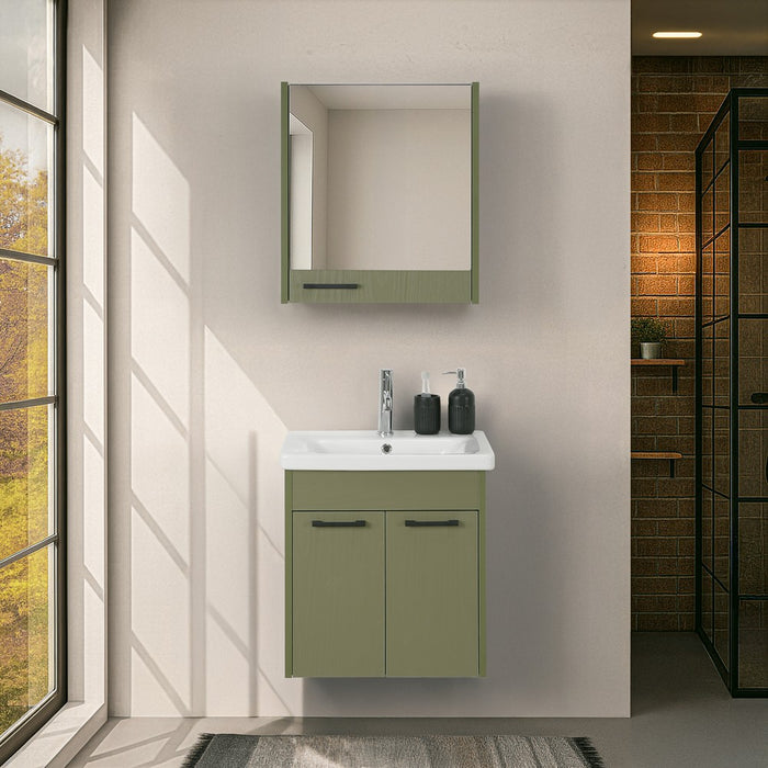 Mobile bagno sospeso 55 cm verde effetto legno con armadietto a specchio Sofia