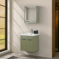 Mobile bagno sospeso 55 cm verde effetto legno con armadietto a specchio Sofia