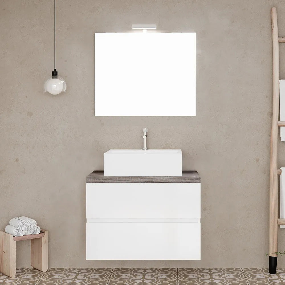 Mobile bagno sospeso 60 bianco top rovere fossile con specchio LED  Town