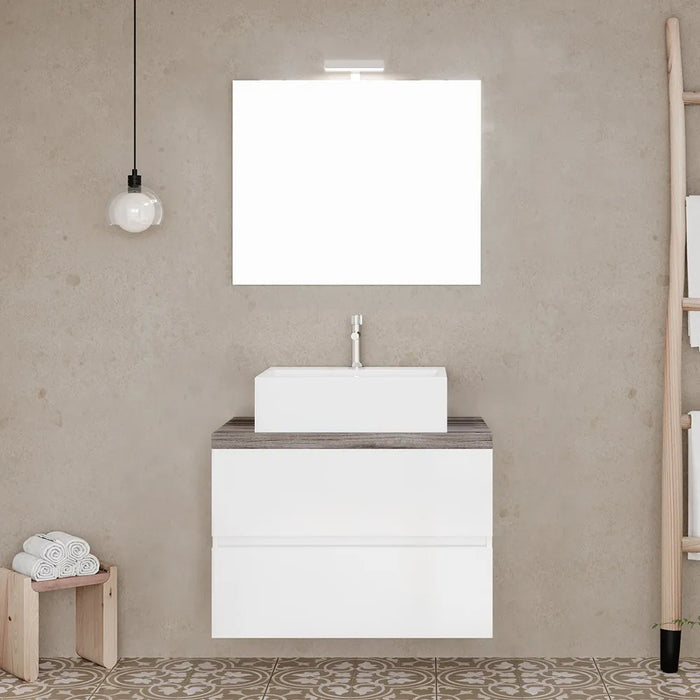 Mobile bagno sospeso 60 bianco top rovere fossile con specchio LED  Town