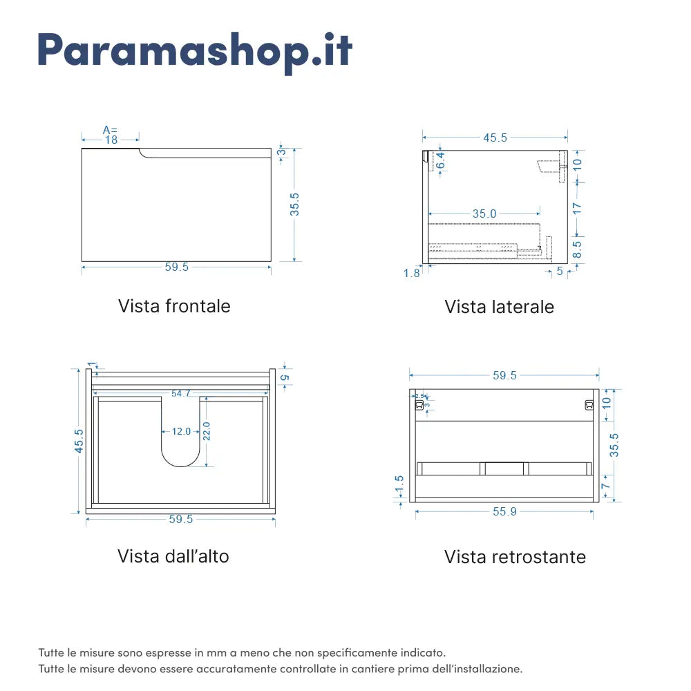 Mobile bagno sospeso 60 cm un cassetto carta da zucchero con top | Ardenne