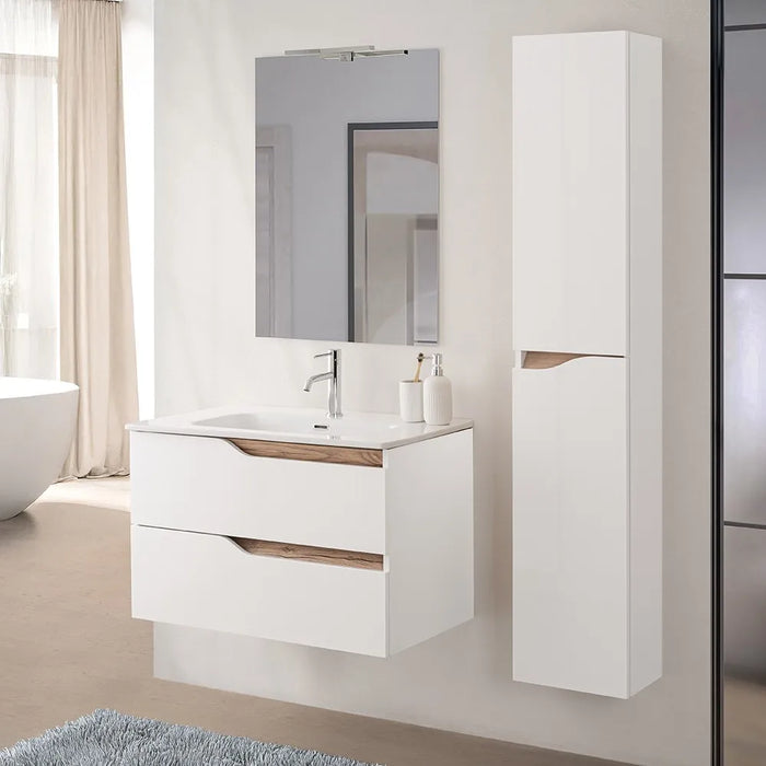 Mobile bagno sospeso 60 cm bianco e quercia con lavabo e specchio Sumya