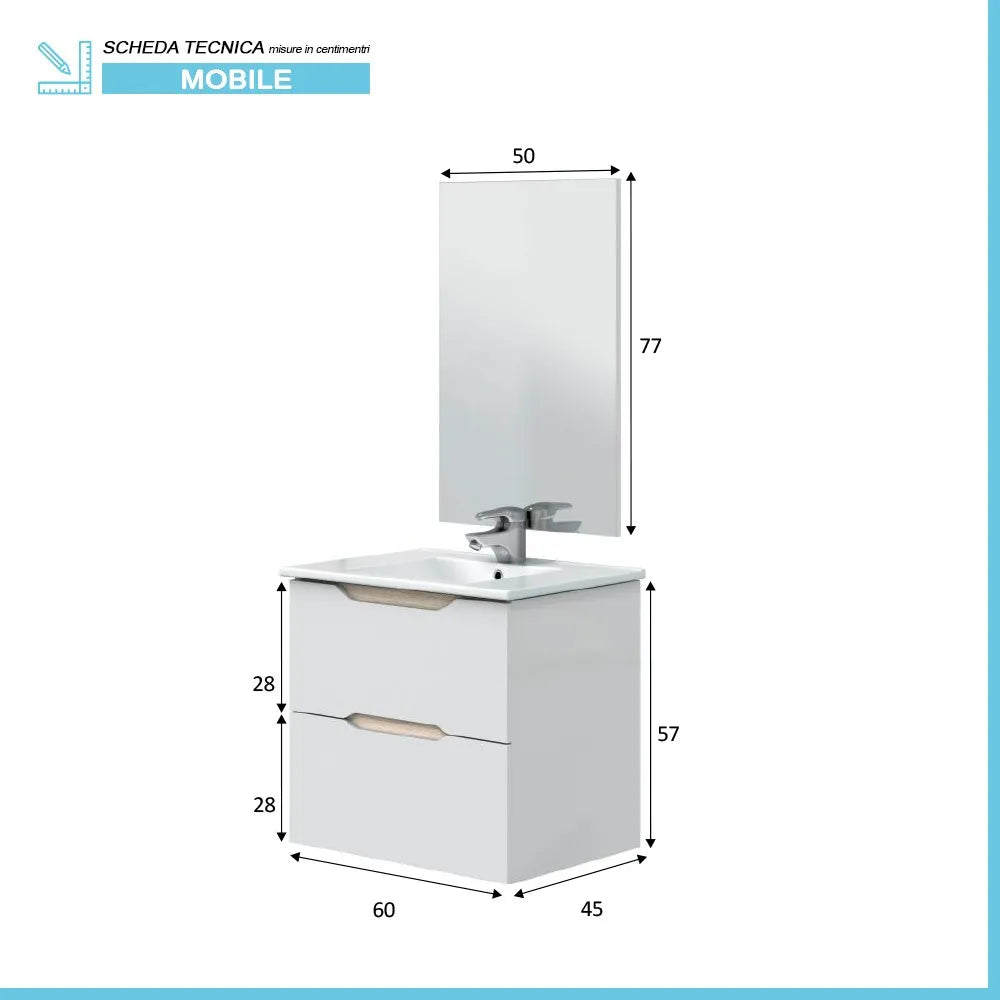 Mobile bagno sospeso 60 cm bianco e rovere con top e specchio Brillo