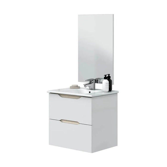 Mobile bagno sospeso 60 cm bianco e rovere con top e specchio Brillo