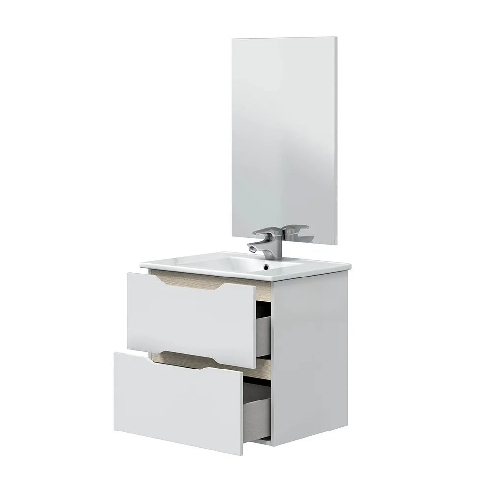 Mobile bagno sospeso 60 cm bianco e rovere con top e specchio Brillo