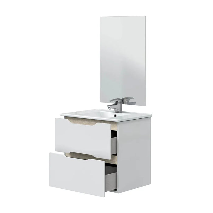Mobile bagno sospeso 60 cm bianco e rovere con top e specchio Brillo