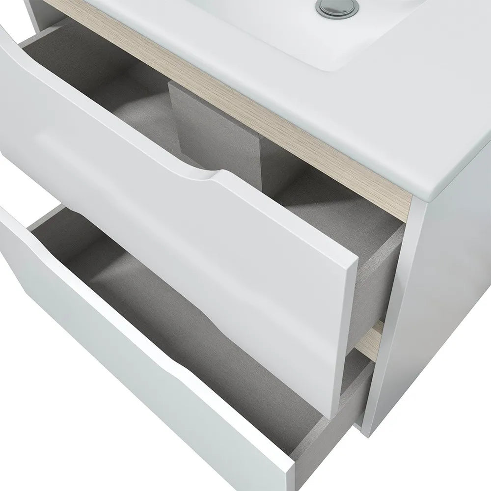 Mobile bagno sospeso 60 cm bianco e rovere con top e specchio Brillo