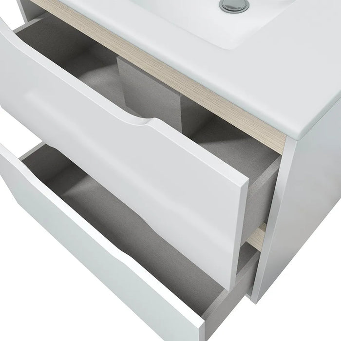 Mobile bagno sospeso 60 cm bianco e rovere con top e specchio Brillo