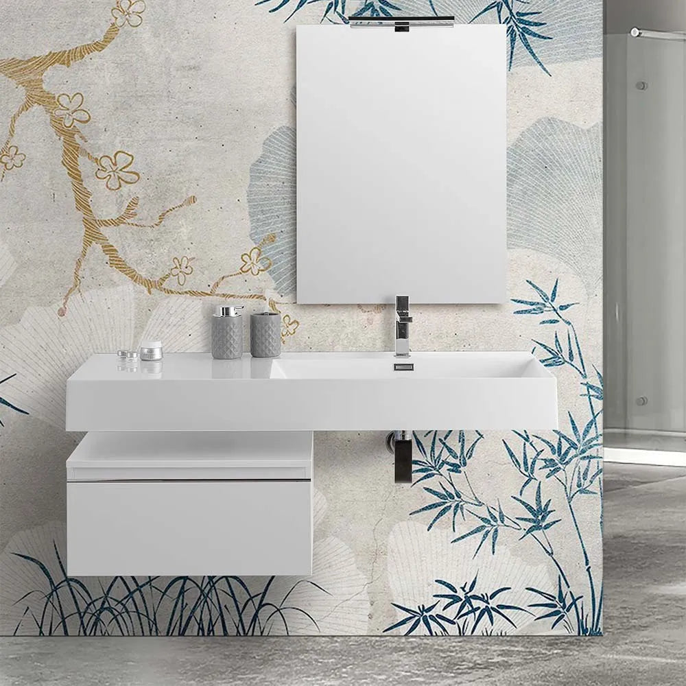 Mobile bagno sospeso 60 cm bianco lucido lavabo 120 destro e specchio Iside