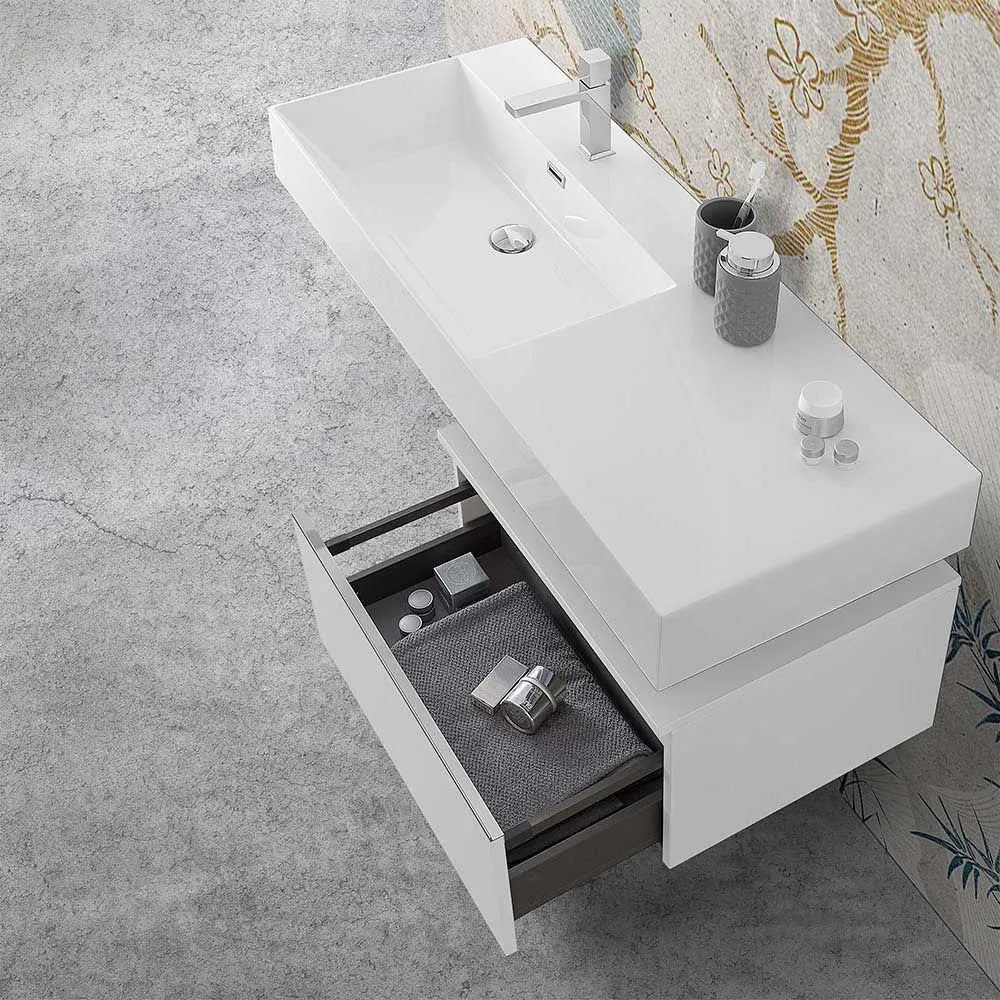 Mobile bagno sospeso 60 cm bianco lucido lavabo 120 sinistro e specchio Iside