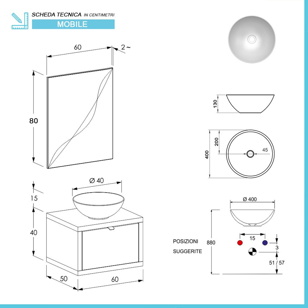 Mobile bagno sospeso 60 cm grigio cemento Master lavabo 40 e specchio