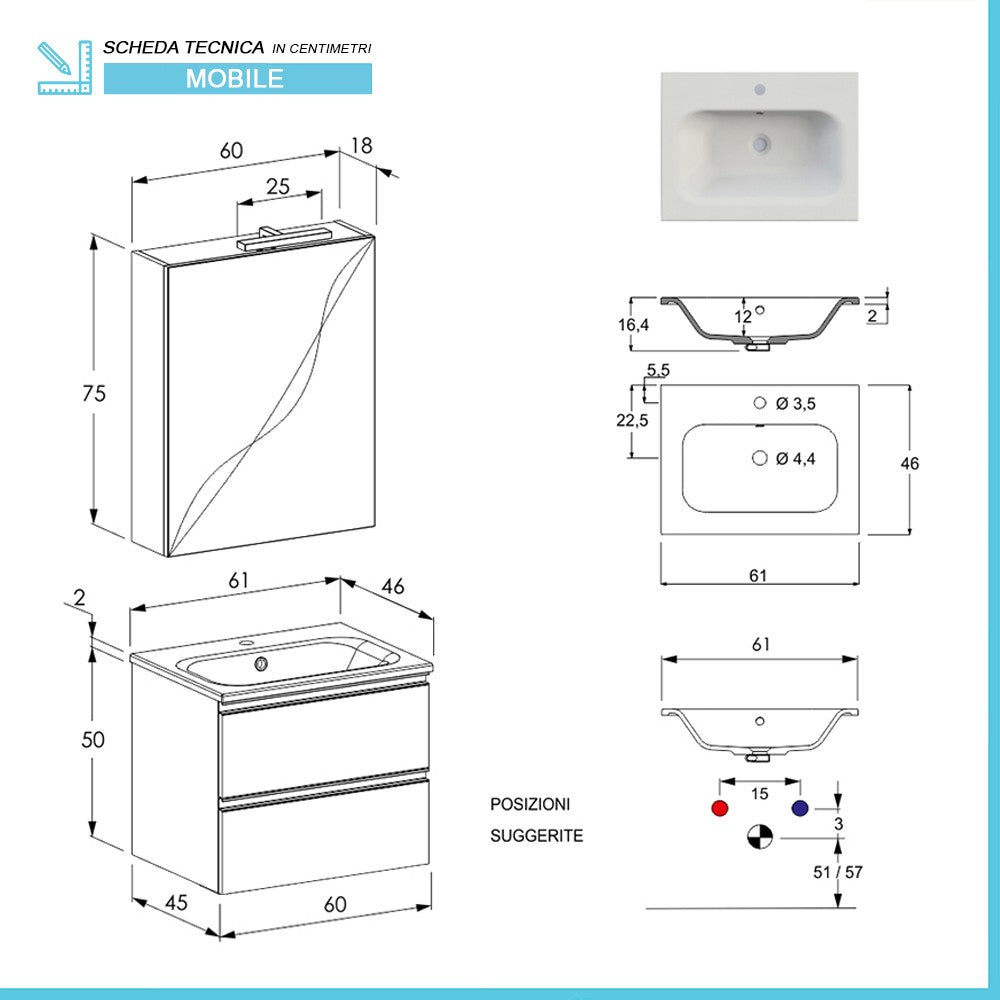Mobile bagno sospeso 60 cm Master grigio cemento con specchio contenitore
