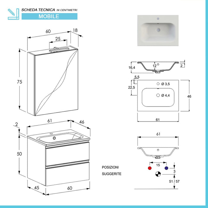 Mobile bagno sospeso 60 cm Master grigio cemento con specchio contenitore