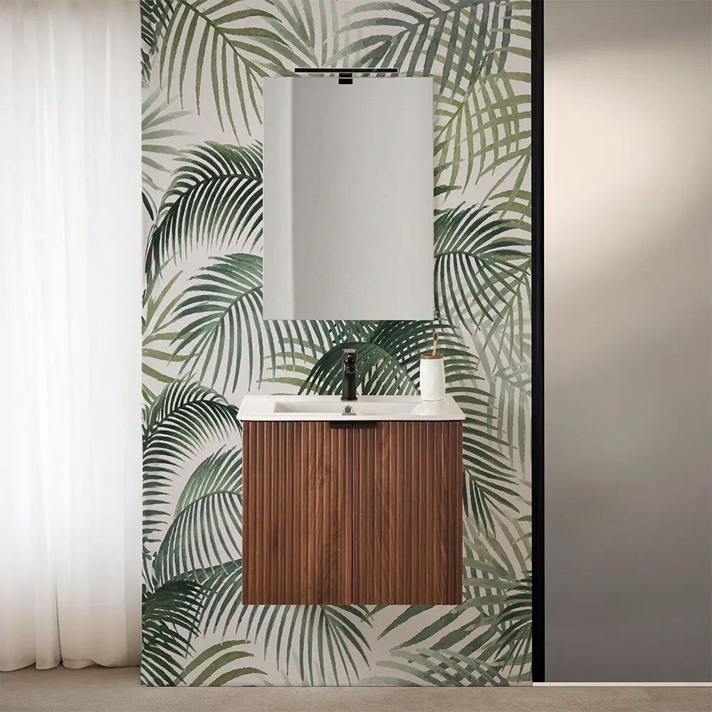 Mobile bagno sospeso 60 cm noce cannettato con lavabo e specchio