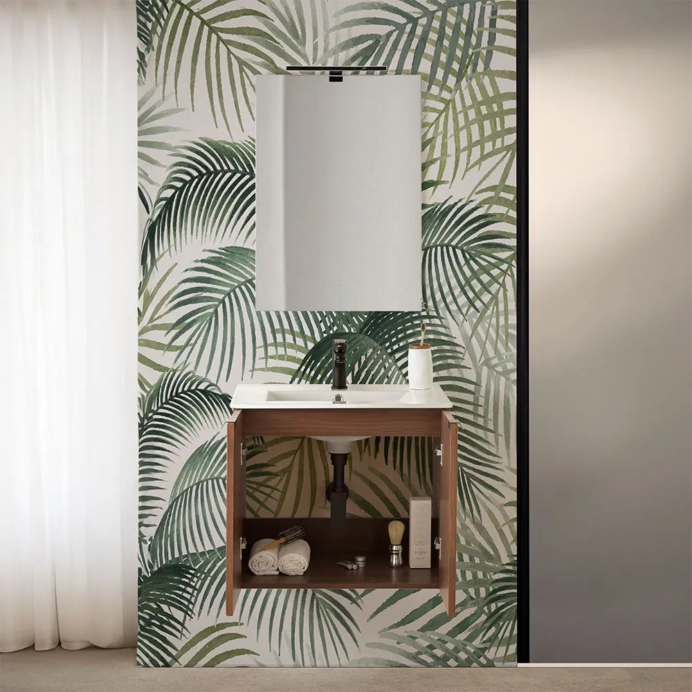 Mobile bagno sospeso 60 cm noce cannettato con lavabo e specchio