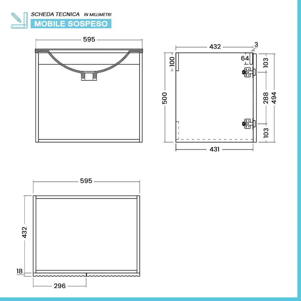 Mobile bagno sospeso 60 cm noce cannettato con lavabo e specchio