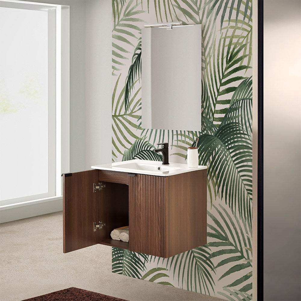 Mobile bagno sospeso 60 cm noce cannettato con lavabo e specchio
