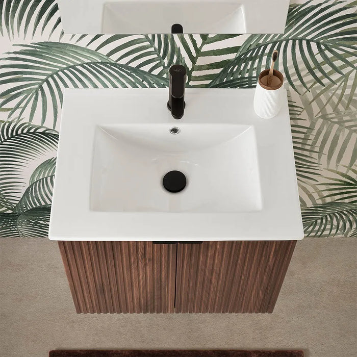 Mobile bagno sospeso 60 cm noce cannettato con lavabo e specchio