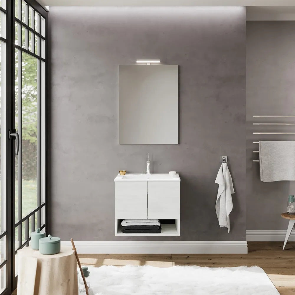 Mobile bagno sospeso 60 rovere bianco con lavabo e specchio LED  Oslo