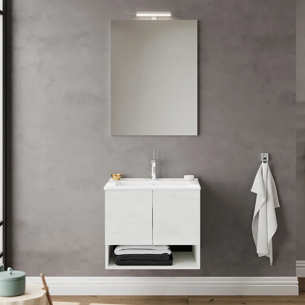 Mobile bagno sospeso 60 rovere bianco con lavabo e specchio LED  Oslo