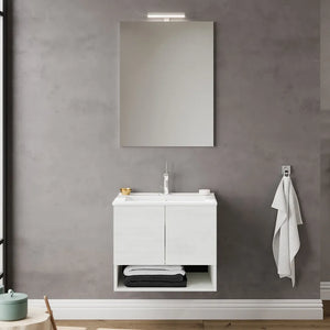 Mobile bagno sospeso 60 rovere bianco con lavabo e specchio LED  Oslo