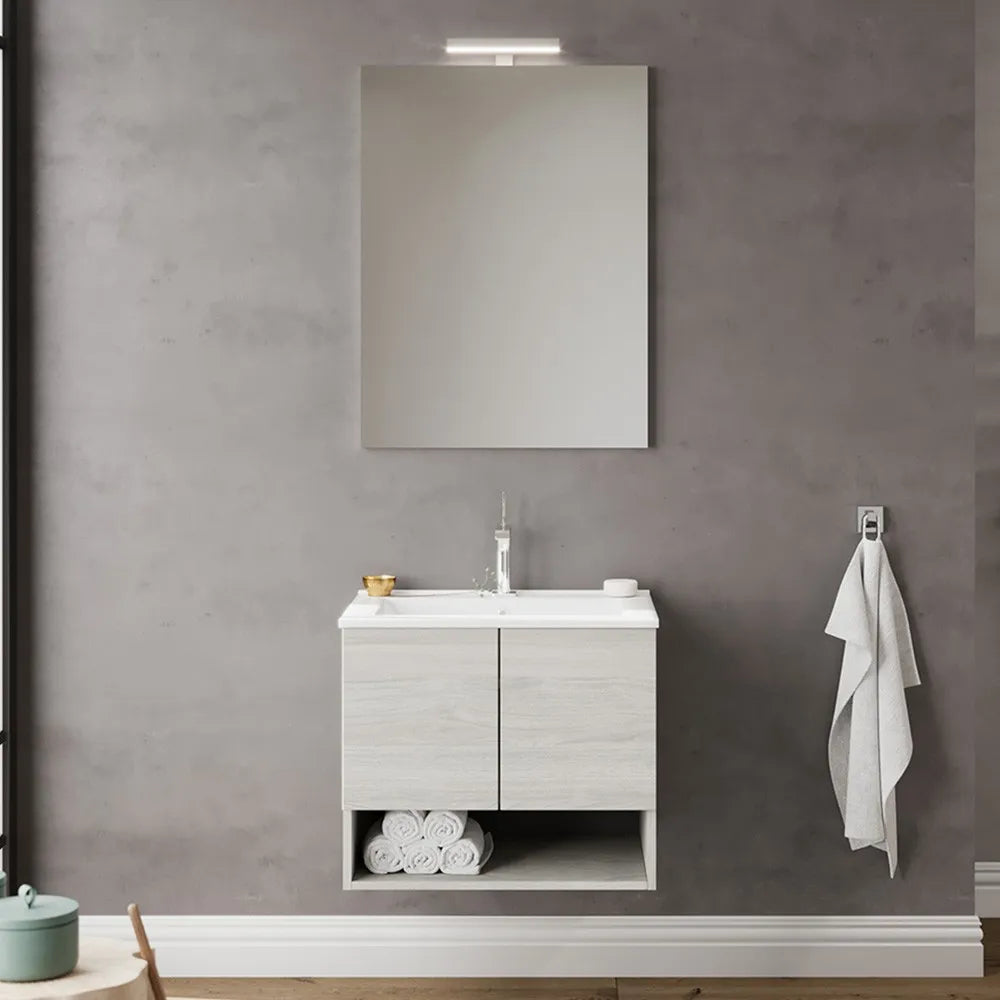 Mobile bagno sospeso 60 rovere grigio con lavabo e specchio LED  Oslo