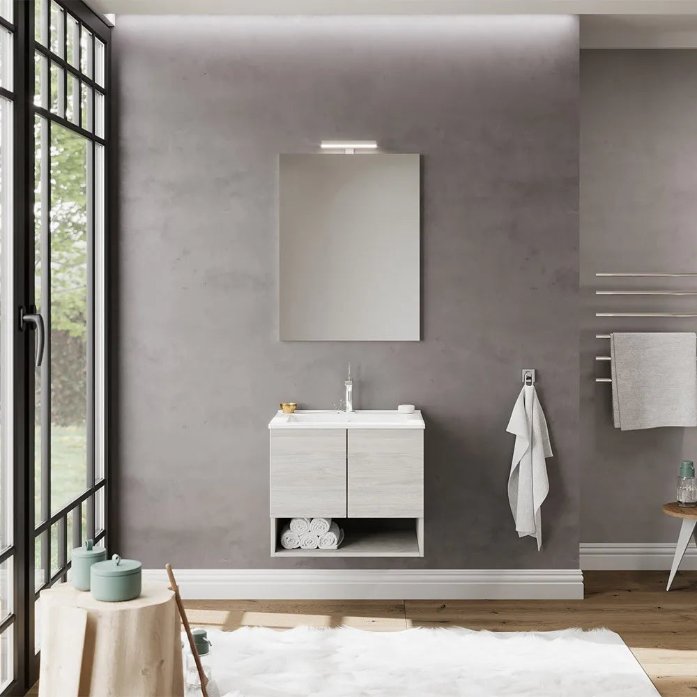 Mobile bagno sospeso 60 rovere grigio con lavabo e specchio LED  Oslo