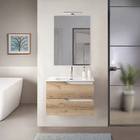 Mobile bagno sospeso 60cm quercia e bianco con lavabo e specchio Sumya