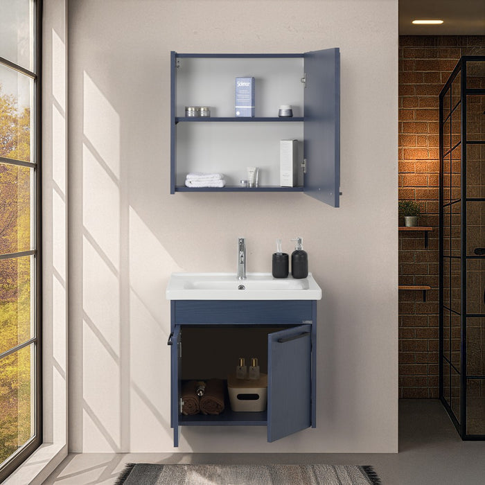 Mobile bagno sospeso 65 cm blu effetto legno con armadietto a specchio Sofia