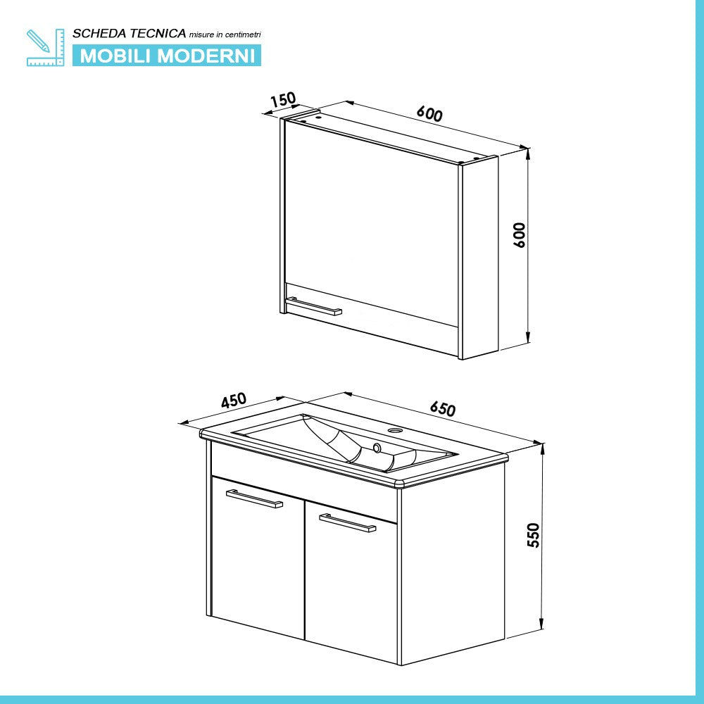 Mobile bagno sospeso 65 cm blu effetto legno con armadietto a specchio Sofia