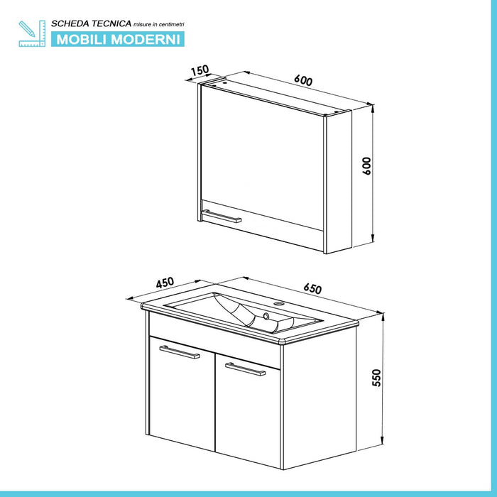 Mobile bagno sospeso 65 cm blu effetto legno con armadietto a specchio Sofia