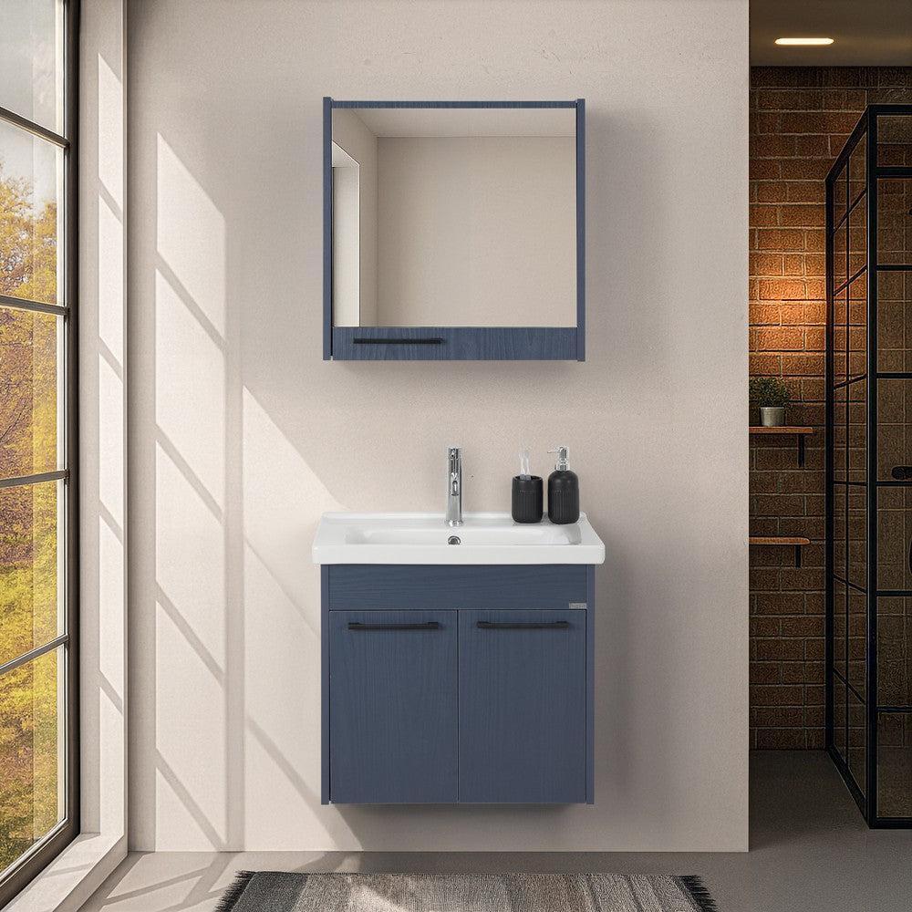 Mobile bagno sospeso 65 cm blu effetto legno con armadietto a specchio Sofia