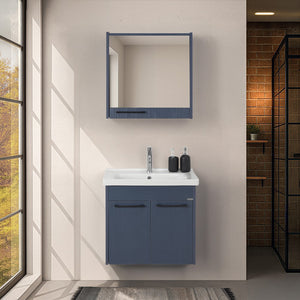Mobile bagno sospeso 65 cm blu effetto legno con armadietto a specchio Sofia