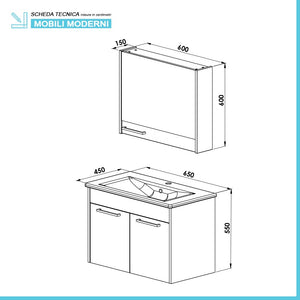 Mobile bagno sospeso 65 cm grigio effetto legno con armadietto a specchio Sofia