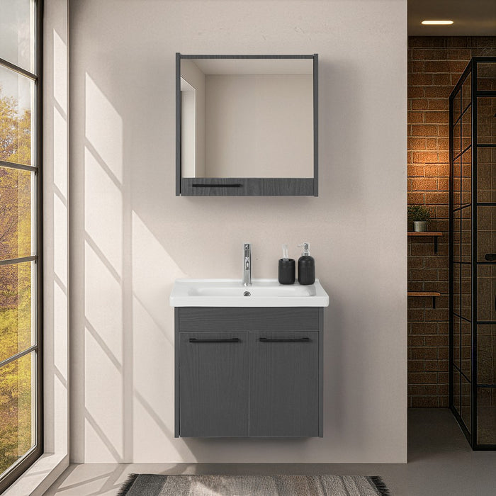 Mobile bagno sospeso 65 cm grigio effetto legno con armadietto a specchio Sofia
