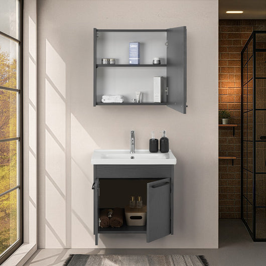 Mobile bagno sospeso 65 cm grigio effetto legno con armadietto a specchio Sofia