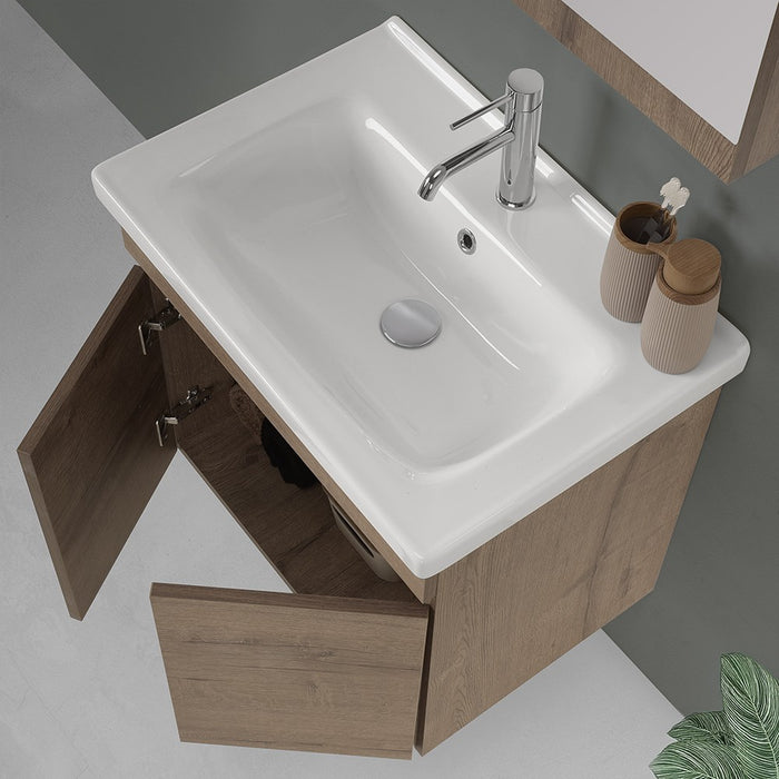 Mobile bagno sospeso 65cm rovere scuro con specchio contenitore Mona