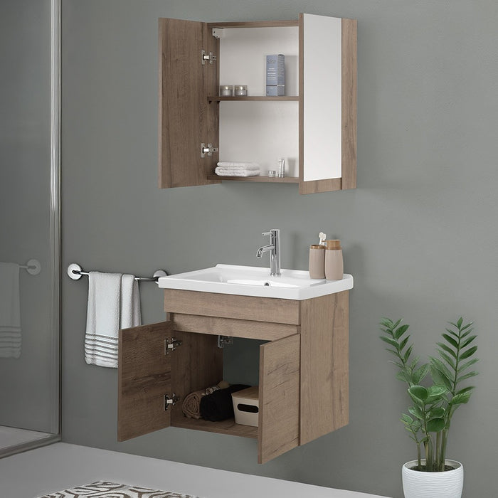 Mobile bagno sospeso 65cm rovere scuro con specchio contenitore Mona