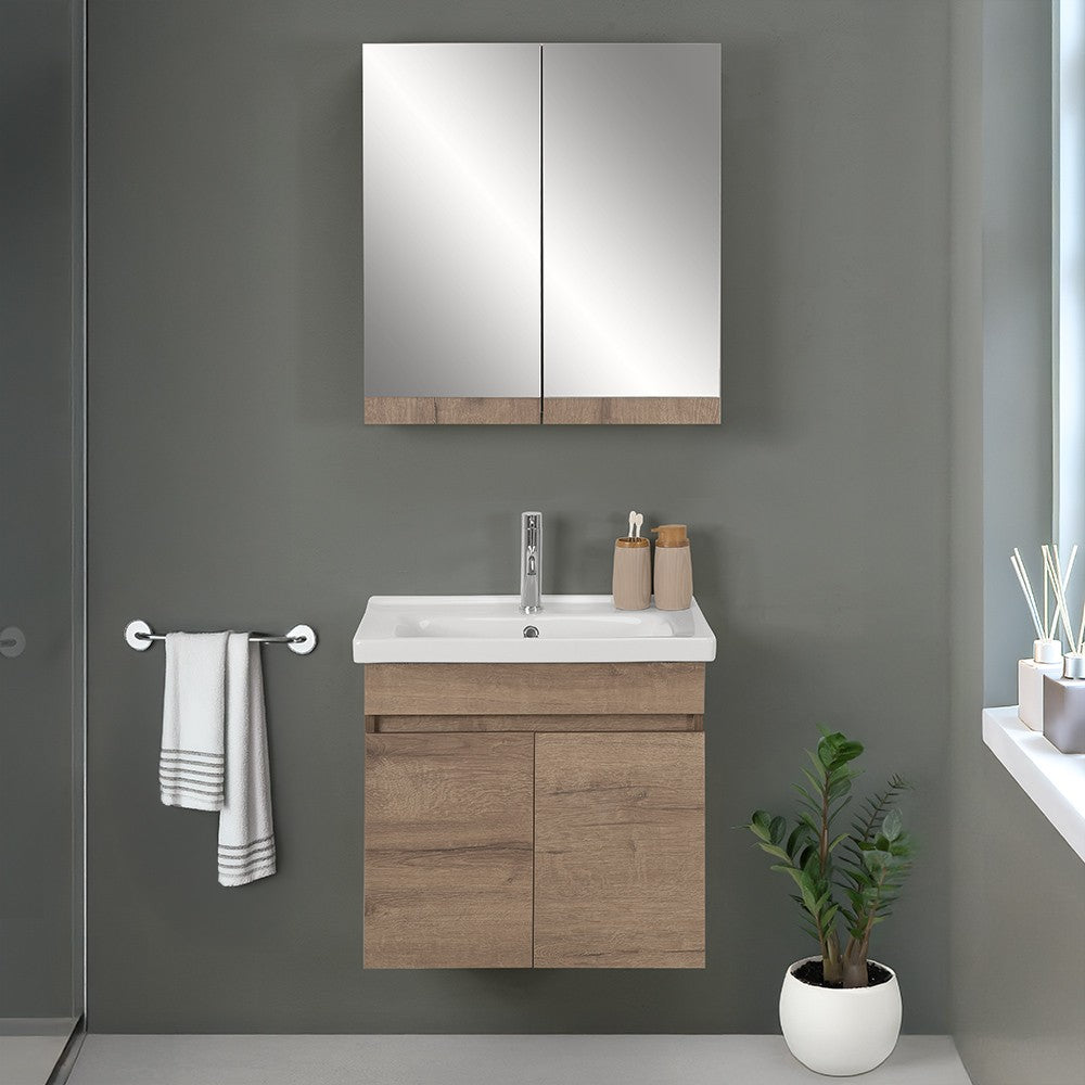 Mobile bagno sospeso 65cm rovere scuro con specchio contenitore Mona