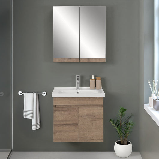 Mobile bagno sospeso 65cm rovere scuro con specchio contenitore Mona
