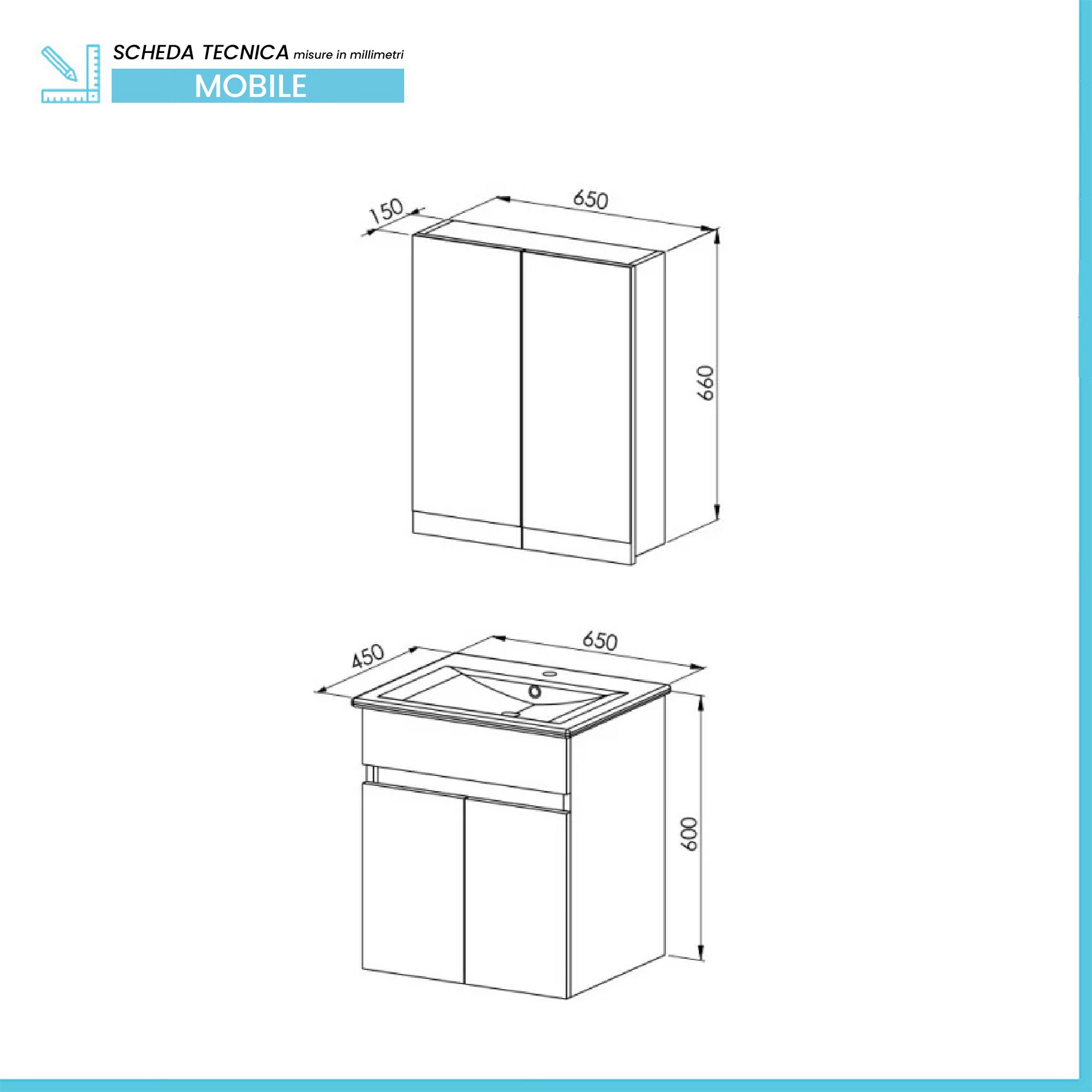 Mobile bagno sospeso 65cm rovere scuro con specchio contenitore Mona