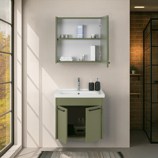 Mobile bagno sospeso 65 cm verde effetto legno con armadietto a specchio Sofia