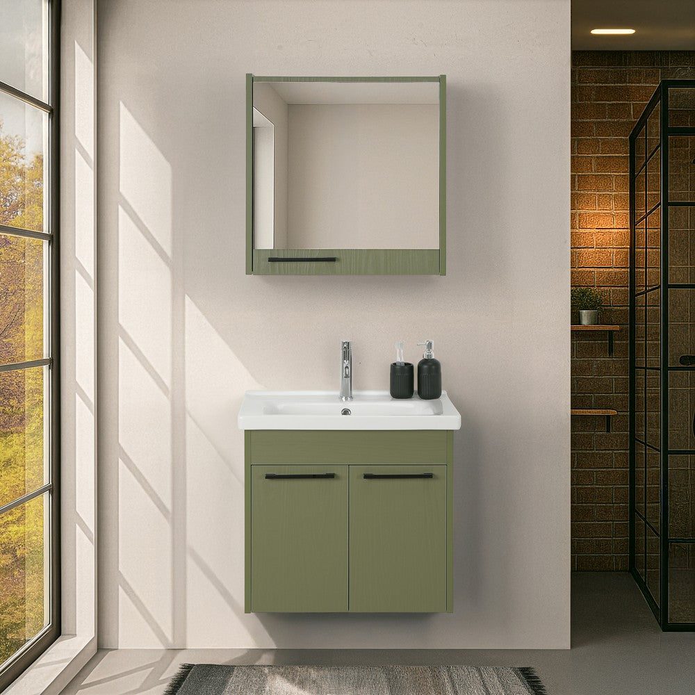 Mobile bagno sospeso 65 cm verde effetto legno con armadietto a specchio Sofia