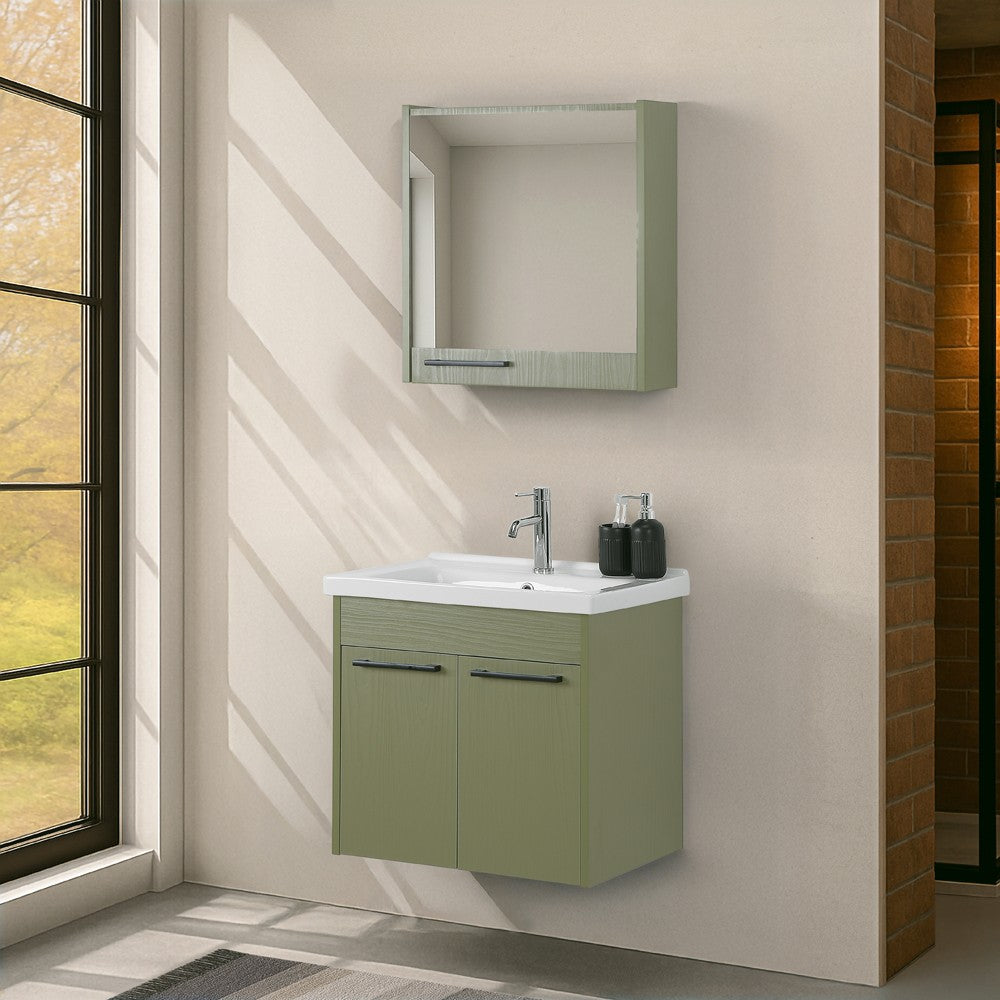 Mobile bagno sospeso 65 cm verde effetto legno con armadietto a specchio Sofia